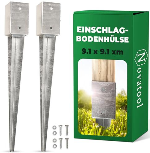 Novatool Set di 2 manicotti per pavimento, 91 x 91 x 750 mm, manicotto per ombrellone, pali in legno, picchetto di ancoraggio a terra, zincato, con viti