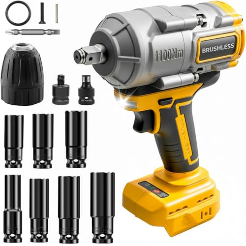 1100Nm Akku Schlagschrauber kompatibel mit DeWALT 18V/20V – 1/2 Bürstenloser Schraubenschlüssel mit 7 Steckschlüsseln für Kfz-Reparatur, Reifenwechsel & Bauarbeiten (ohne Akku)