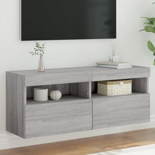Ziaphsol Meuble TV mural avec lumières LED - Gris Sonoma - 100 x 30 x 40 cm - En bois - Centre de divertissement flottant pour le salon - Design moderne