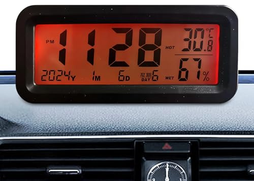 Runkoyea Reloj Para Coche - Decoración Interior Digital Con Energía Solar | Pequeño Reloj Higrómetro Con Luz De Fondo | Para Coche Vehículo Sedán Pickup Scooter Rejilla De Aire SUV Estacionamiento