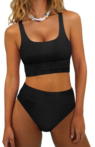 ANRABESS Bikini Sets for Women Summer 2026 High Waisted 2 Piece Bathing Suit Tummy Control Swimsuit Color Block Swimwear Black Medium