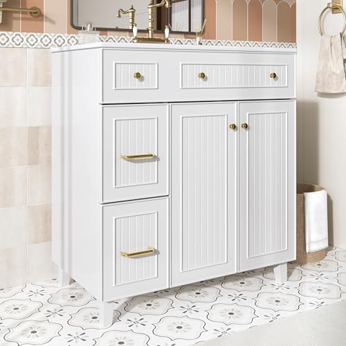 NADEUSAK Armadietto da bagno con lavabo, 80 x 90 cm, mobile da bagno a terra con piano lavabo in ceramica, superficie laccata, spazio portaoggetti multifunzionale e gambe in legno massiccio (bianco)