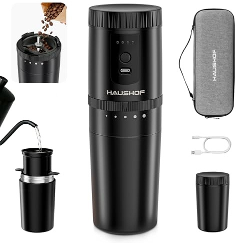 HAUSHOF 3-in-1 Portable Coffee Maker 300 ML with Electric Coffee Grinder, Manual Pour Over, Thermal Cup & USB-C Rechargeable, Travel Coffee Maker for Hiking, Camping, Office, Coffee on the Go, Black