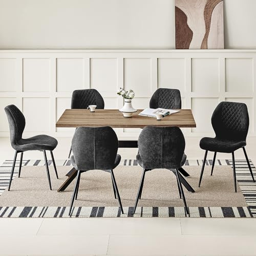 JIJIAN Essgruppen mit Dunkelbraun Holz Esstisch und 6 Schwarzer Stühle | Rechteckiger Esstisch in 140 x 80 x 76 cm mit 6 Ergonomischer Design Leinen Esszimmerstühle, für Esszimmer, Küche, Wohnzimmer