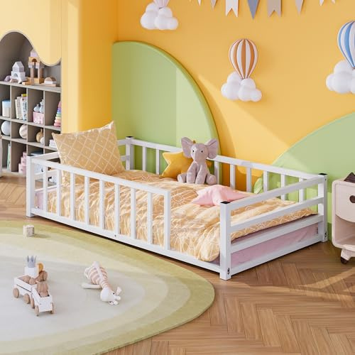 VECOCHO Montessori Kinderbett 90×200cm mit Rausfallschutz&Lattenrost,Weiß | Bodenbett 90x200 cmbis 200 kg belastbar,Kinder Bett für Jungen & Mädchen,Leicht zu Montieren und Stabil