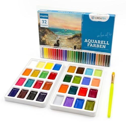CreaTek Aquarellfarben Set für Anfänger, 32 Wasserfarben, Aquarell Set | Inkl. Aquarellpinsel, Watercolor Set für Reise & Skizzenbuch, flacher Farbkasten Tuschkasten Malkasten, Made in Ukraine
