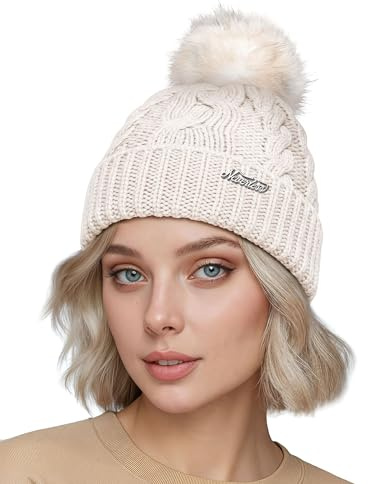 Neverless® Damen Bommelmütze mit Fleecefutter Pudelmütze Strickbeanie Strickmütze Wintermütze