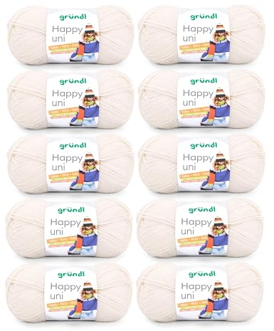 Gründl Wolle Happy uni Garn zum Stricken 10 Knäuel 100 g, creme | Garn zum Häkeln - Strickgarn - Häkelgarn - Weich und hautfreundlich - 100 % Polyacryl 100 g / 250 m - Nadelstärke 4 5