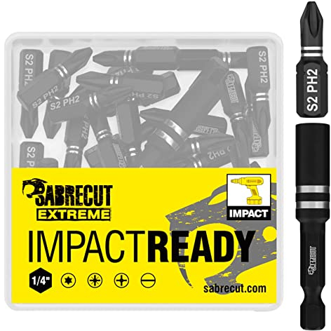 21 x SabreCut SCPA25_21PH 25mm PH2 Impact Screwdriver Driver Bits Set Single Ended Phillips No.2 Heavy Duty Including Bit Holder and Storage Box