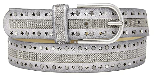Zakatte • Damen Nietengürtel aus Kunstleder mit Strass und Sterne BS035 (85 cm, Silber)