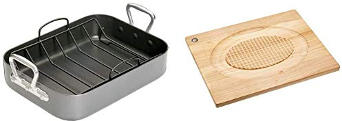 MasterClass Teflon Non Stick Roasting Tin with Rack, Carbon Steel, Grey, 36 x 27 x 7.5 cm + Reversible Wooden Meat Carving Board with Spikes and Chopping Board, 46 x 36 cm