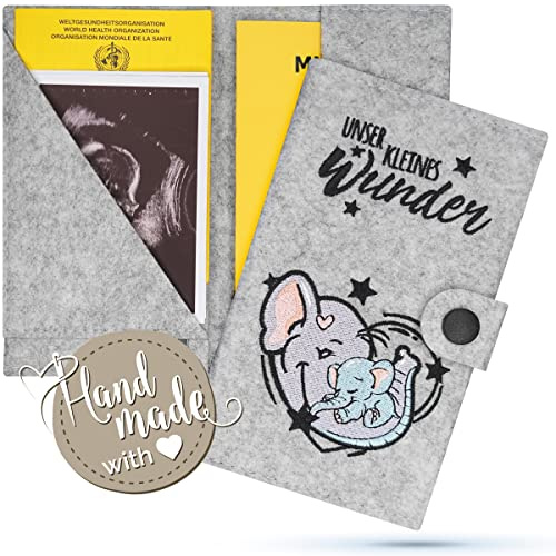 Emadele Mutter Kind Pass Hülle Elefant 'Unser Kleines Wunder' Hellgrau aus Filz Handmade. Mutterpasshülle Organizer Fächer für Ultraschallbilder, Impfpass-Hülle Format für Östereichischen Mutterpass