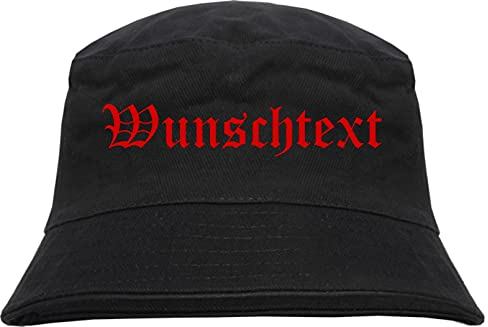 sostex Individueller Anglerhut - altdeutsch - schwarz - Bucket Hat - Fischerhut mit Wunschtext Bedruckt Druckfarbe: Rot M