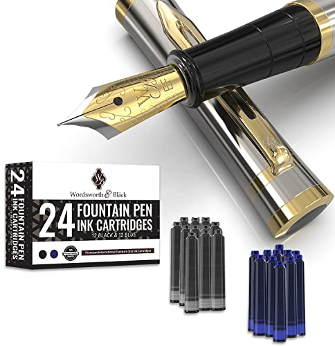 Wordsworth & Black Füllfederhalter Set, Extra Fein Feder, Enthält 24 Tintenpatronen Und Tintennachfüllkonverter, Geschenketui [Silber Gold]