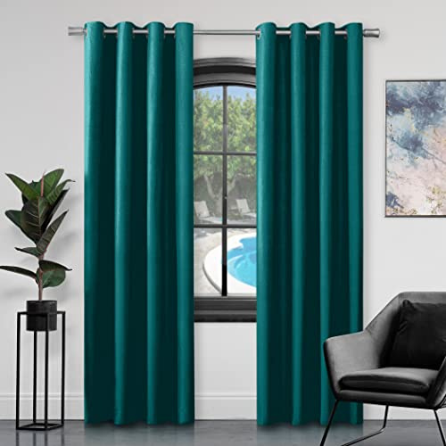 GC GAVENO CAVAILIA Faux Silk Eyelet Curtains For Living Room, 100 Percent Polyester Ring Top Fully Lined Drapes, Teal, 90 x 90 Inch