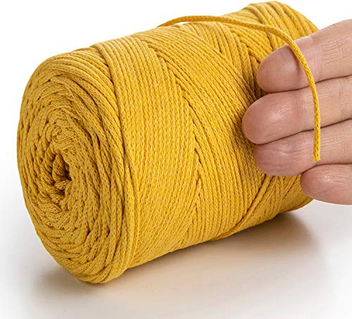MeriWoolArt® Makramee Garn 2 mm x 250 m Baumwollkordel, recyceltes weiches Baumwollgarn für das Stricken von Pflanzenhängern, Schmuckherstellung, Häkeltaschen (Senf, 2mm)