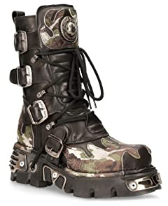 Botas CAMUFLAJE New Rock 591-S15 de Cuero Negro con Llama Metalizada a la Moda Estilo Motociclista Punk Gótico 4