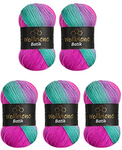 Wollbiene Batik001 Garn, 2040 Rosa Grön, 100 g x 5 stycken