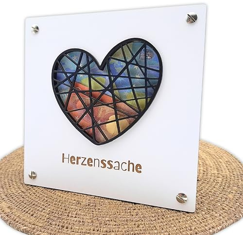 Modernes premium Geldgeschenk aus Holz – Design Bilderrahmen „Herzenssache“ mit 3D Herz – Premium Geschenk zur Hochzeit, Geburtstag, Jubiläum, für alle Anlässe einsetzbar 18x18