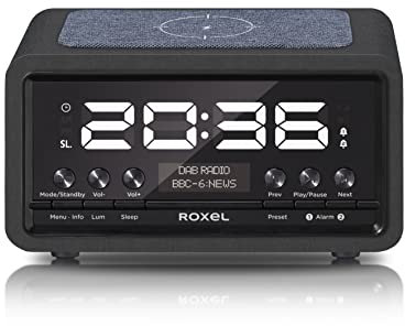 Roxel Nod Bedside Radio, DAB/DAB+ & FM Radio, Alarm Clock, Wireless Phone Charging, Large Digit Display, Dual Bedside Alarm Clock with Wireless Streaming (Black)