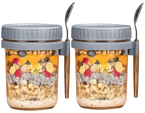 MEETOZ Overnight Oats Jars, Overnight Oats Container with Lid and Spoon, 10 oz Glass Mason Overnight Oats Jars with Measurement Marks, Large Capacity Airtight Jars for Milk, Cereal, Fruit (Grey2)