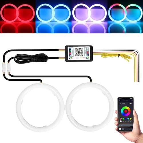 Qasim Angel Eyes Halo Anillos Luces de algodón 12V 70MM RGB LED Universal para Motocicleta Coche Scooter Motocicleta DRL Faro APP Control Bluetooth Multicolor Paquete de 2