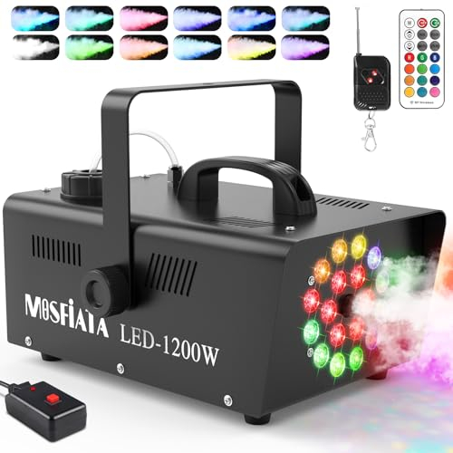 MOSFiATA Fog Machine with 18 RGB LED Lights Effect, 600W Smoke Machine, 2300CFM Fog with 1 Wire Receiver and 2 Wireless Remote Controls, Perfect for Wedding, Halloween, Party and Stage Effect (1200W)