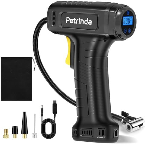 Petrinda Cordless Tyre Inflator Air Compressor, Portable Handheld Rechargeable Battery Tyre Pump with Digital Pressure Gauge, Electric Tyre Inflator with LED Light & 4 Nozzle for Car, Motorcycle Bike