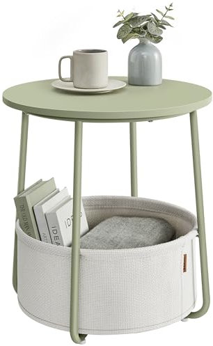 VASAGLE Beistelltisch, Kleiner Nachttisch mit Stoffkorb, moderner Nachttisch, runder Beistelltisch, für Wohnzimmer, Schlafzimmer, Lorbeergrün und Cremeweiß ULET223C69