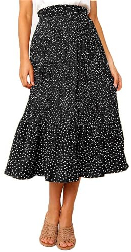 Timuspo Midirock Damen Plisseerock mit 2 Taschen Polka-Dots Rock Lang Hoher Taille Maxi Skirt Sommer Elastischer Bund Luftiger Sommerrock