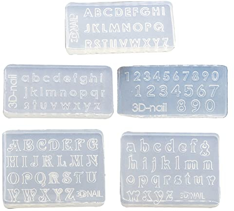 Saddgo Lot de 5 moules pour nail art en résine époxy UV - Lettres et chiffres décoratifs - Pour nail art - Bijoux - Moules 3D en silicone pour acrylique