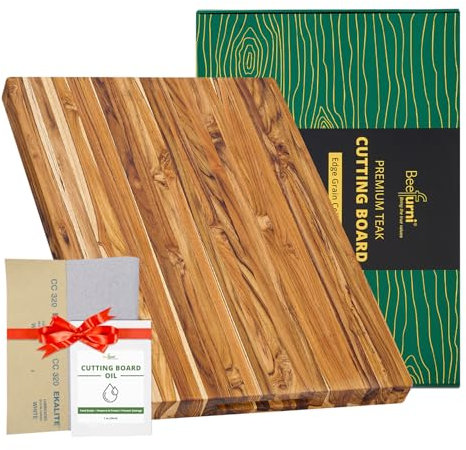 BEEFURNI Tabla de cortar de madera de teca con agarre de mano (L, 22 x 16 x 1.25 pulgadas), tablas de cortar grandes de madera para cocina, bloque de carnicero reversible, tablas de charcutería
