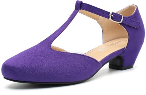 MAIERNISI JESSI Women's T-Strap Low Chunky Heel Mary Jane Pumps Cut Out Wedding Dress Shoes, Purple Suede, 6 UK