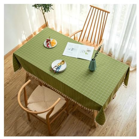 BCughia Tischdecke 140x180 Grün, Tischdecke Fleckabweisend Rechteckig Baumwolle Leinen Stickerei Plaid mit Quasten Tischdecke für Küche,Esszimmer,Tischdekoration