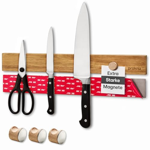 Praknu Magnetic Knife Holder for Wall No Drill – 40 cm Acacia Wood Strip with 3 Magnetic Hooks – Holds up to 8 Knives – Self Adhesive 3M Tape – Easy Assembly