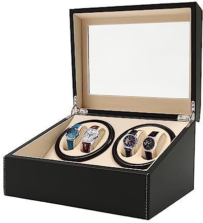 Queeucaer Caja giratoria automática para relojes de 4 + 6 rotaciones automáticas, piel y madera, color negro