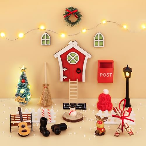 BTONGE Wichteltür Set, 26-teiliges Wichteltür Set Weihnachten, Komplettes Wichtel Zubehör mit Licht, Weihnachtsbaum, Rentier, Leiter und Miniatur Deko Perfekte Weihnachtsdeko für Feentür und Elfentür