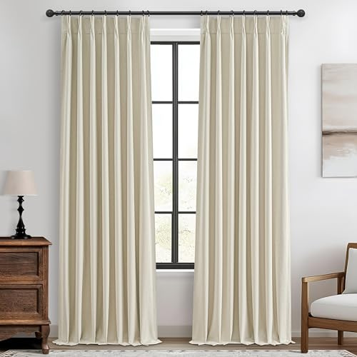 Cream Blackout Curtains & Drapes 96 Inches Long 2 Panels Set for Sliding Glass Doors, Pinch Pleated Thick Linen Blend Windows Curtain with Back Tab for Bedroom Cold Weather Thermal 40W x 96L