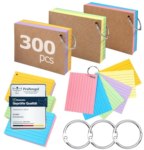 Siumir 300 Stücke Karteikarten, Doppelseitiger Druck, A7 Lernkarten, mit Krafteinband und Loseblattring, Sechsfarbige Linierte Karteikarte, geeignet für Büros & Wohnungen & Schulen (10,4 x 7,6 cm)
