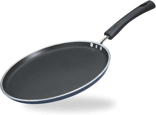 Nobel Non-Stick Crepe and Pancake Frying Pan, Flat Skillet, Forged Aluminium, Soft Grip Handle (25 cm Blue Non Induction)