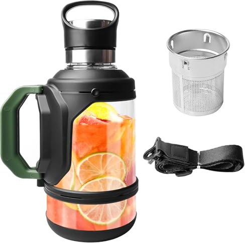 Borraccia in vetro, da 2 litri, con filtro e tracolla, a prova di perdite, senza BPA, infrangibile, con manico per attività all'aperto, palestra, ufficio, casa (verde)