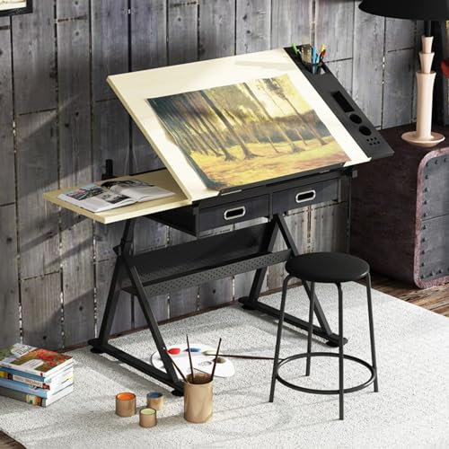Zeichentische, Kunst- und Basteltisch-Arbeitsplatz-Set, Künstlertisch, höhen- und winkelverstellbar, mit Hocker und Aufbewahrungsschubladen, Seitenablagen und Bleistiftablage zum Lesen, Schr