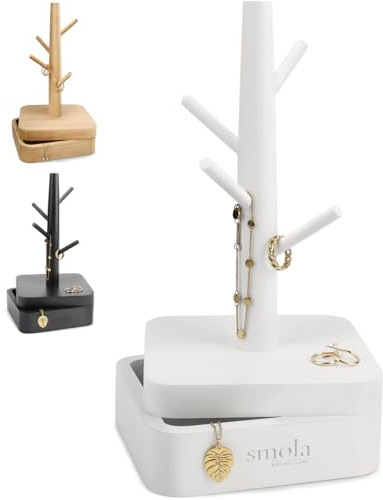 smøla Albero portagioie bianco in legno – 4 livelli con scatola – Organizzatore gioielli per collane, orecchini, anelli – decorazione gioielli