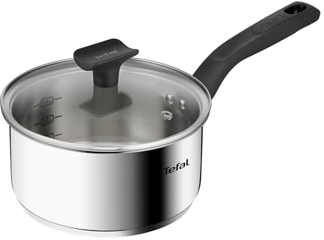 Tefal Titanium Max Stainless Steel 18 cm Saucepan with Glass Lid, 2.2L, All hobs + Induction Compatible