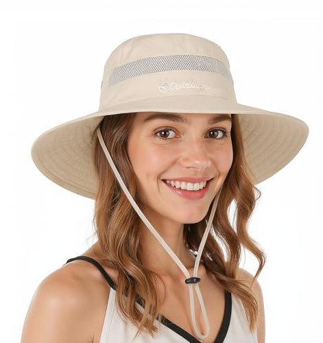 SEFIRST Chapeau Femme Homme Soleil Outdoor Summer Pliable Réglable Protection UV Chapeau De Brousse Queue De Cheval en Maille à Large Bord pour Randonnée Pêche Plage Jardinage (Beige)