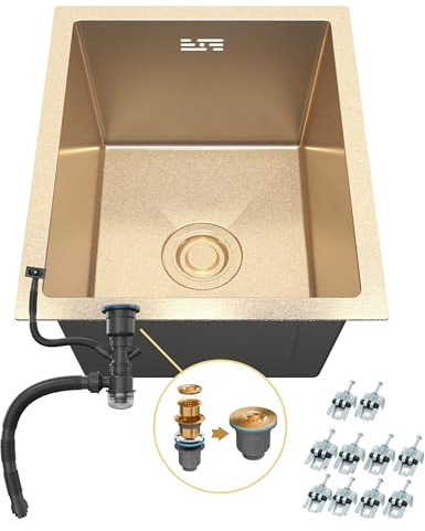 ANW HOME Kitchen Sink Stainless Steel 37 × 45 cm Nano Gold PVD – Single Bowl 22 cm Deep, 3 mm Stainless Steel, with Siphon, Drainer Basket and Mounting Accessories