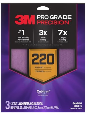 3M Pro Grade Precision Sanding Sheets with No-Slip Grip, 9 x 11 in, 220 Grit, 3-Pack (SHR220-PGP-3T)