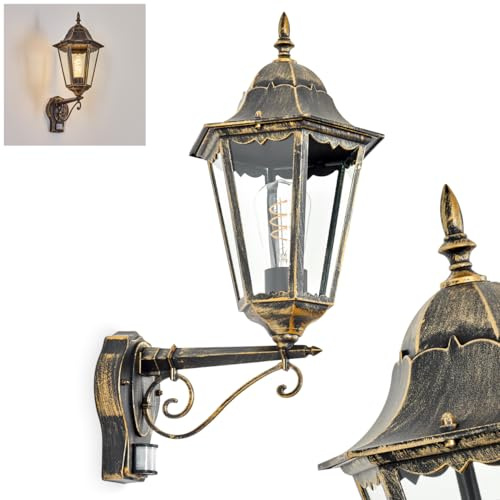 HOFSTEIN Außenwandleuchte Hongkong, Außenwandlampe mit Bewegungsmelder aus Metall/Glas in Braun/Gold/Klar, Wandleuchte außen Vintage/Antik/Landhaus, E27, IP44, Garten, Hof, Außenbereich, Haustür