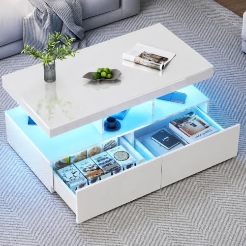 BRILVERDE mesa de centro de alto brillo, salón con LED de 16 colores y 2 cajones, sofá moderno con almacenamiento, auxiliar con 5 estantes (blanco, 104 x 53 x 46 cm)