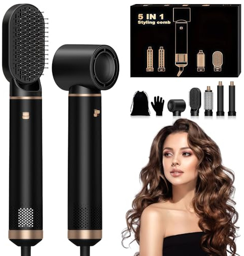 Focenat Hairstyler 5 in 1 Set, Air styler, Negativ Lonen Haarstyler mit Lockenstab automatisch, Air Styler Thermal Brush, Ionen Föhn Haartrockner, Warmluftbürste Set, Glätten Locken Trockenes Haar
